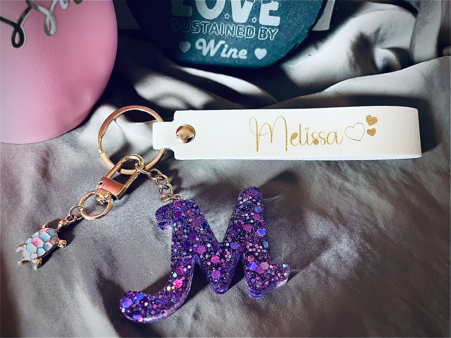 Personalised Engraved tumbler, Slate coaster and resin keychain letter M