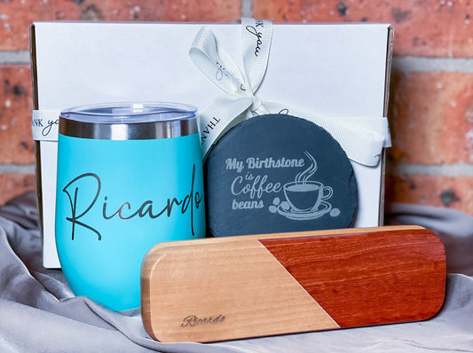 Personalized Engraved Wine Tumbler, slate coaster and wooden case with pen