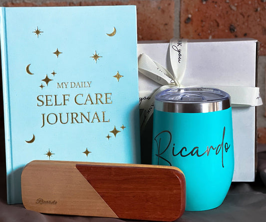 Personalized Wine tumbler, Self-care journal, Wooden case with pen