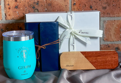 Personalized as per your Zodiac - Engraved Wine Tumbler, Travel Journal, Wooden case with pen