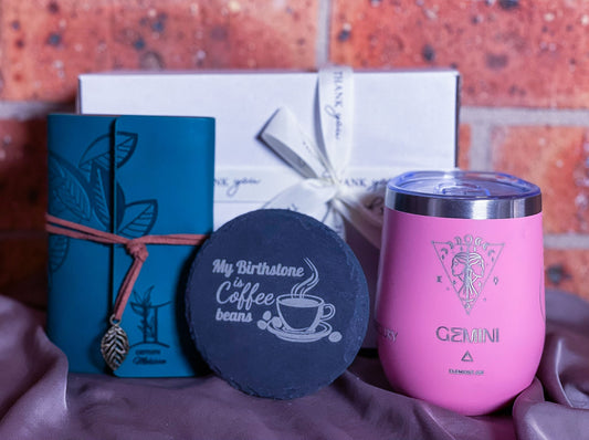 Personalized as per zodiac- Engraved Wine tumbler, Travel Journal and Slate Coaster