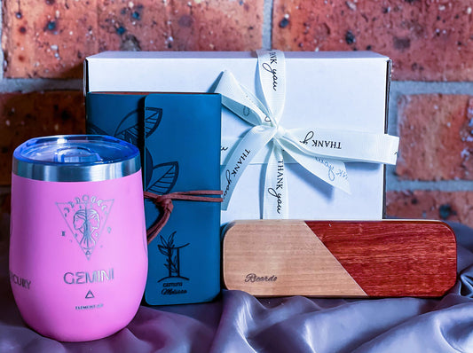 Personalized as per your Zodiac - Engraved Wine Tumbler, Travel Journal, Wooden case with pen