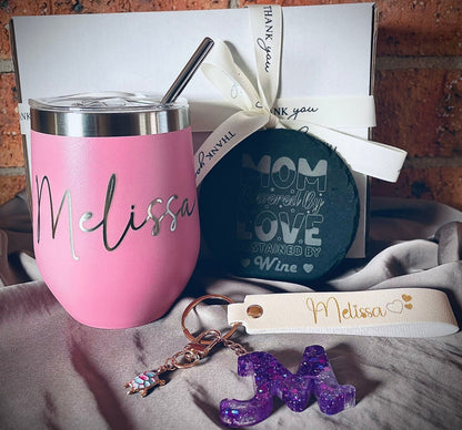 Personalised Engraved tumbler, Slate coaster and resin keychain