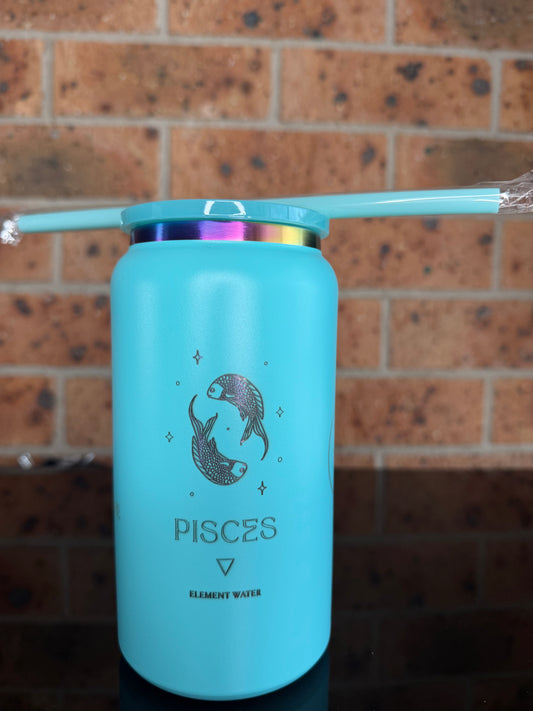 A light blue insulated water bottle with a matching straw, featuring a black Pisces zodiac symbol and text, resting on a brown tiled floor. Pisces tumbler, engraved Pisces gift, turquoise tumbler, astrology cup, personalized travel mug, zodiac gifts, insulated coffee tumbler.